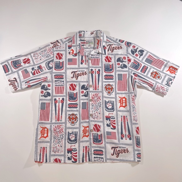 Preowned Men's Reyn Spooner MLB Detroit Tigers Patriotic Button Down Shirt Sz L - Picture 1 of 15